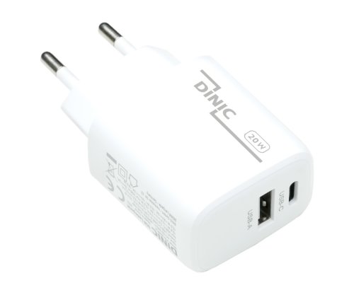 USB C+A nabíječka/napájecí zdroj 20W, PD, bílá, Power Delivery box, bílá, DINIC box s Euro otvorem